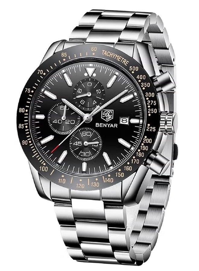 Men's Automatic Quartz Watches 45MM Stainless Steel Case Structure Black Dial Silver Steel Band BY5140