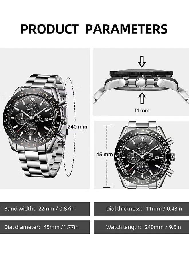 Men's Automatic Quartz Watches 45MM Stainless Steel Case Structure Black Dial Silver Steel Band BY5140