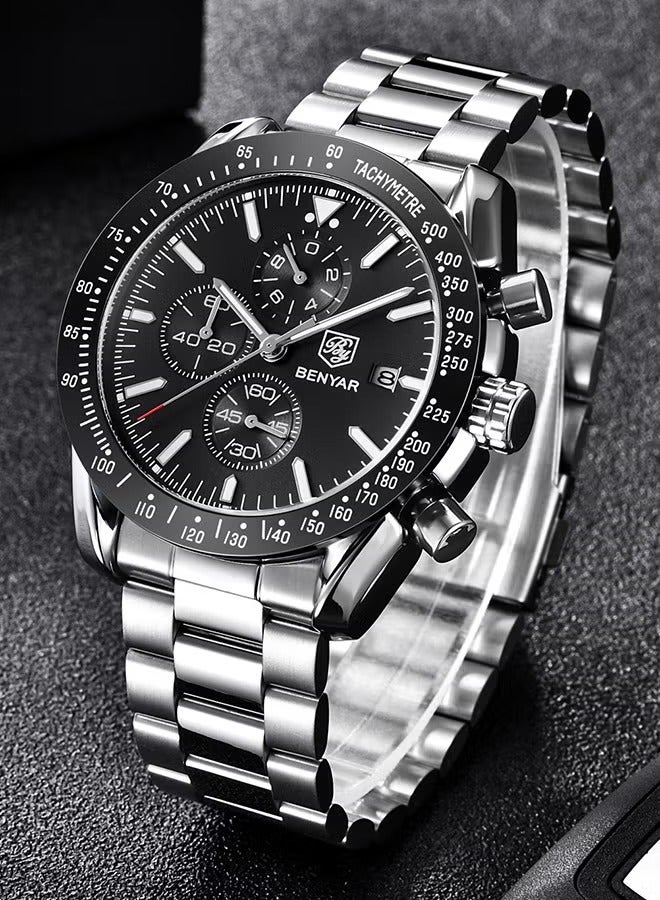 Men's Automatic Quartz Watches 45MM Stainless Steel Case Structure Black Dial Silver Steel Band BY5140