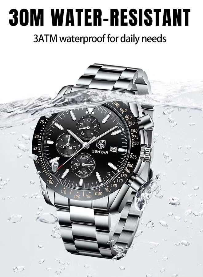 Men's Automatic Quartz Watches 45MM Stainless Steel Case Structure Black Dial Silver Steel Band BY5140