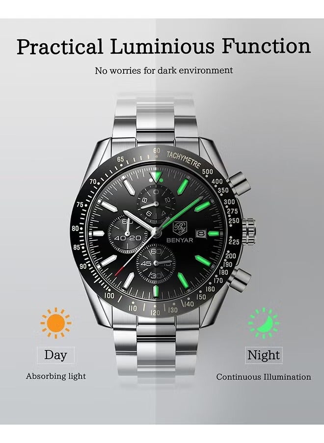 Men's Automatic Quartz Watches 45MM Stainless Steel Case Structure Black Dial Silver Steel Band BY5140