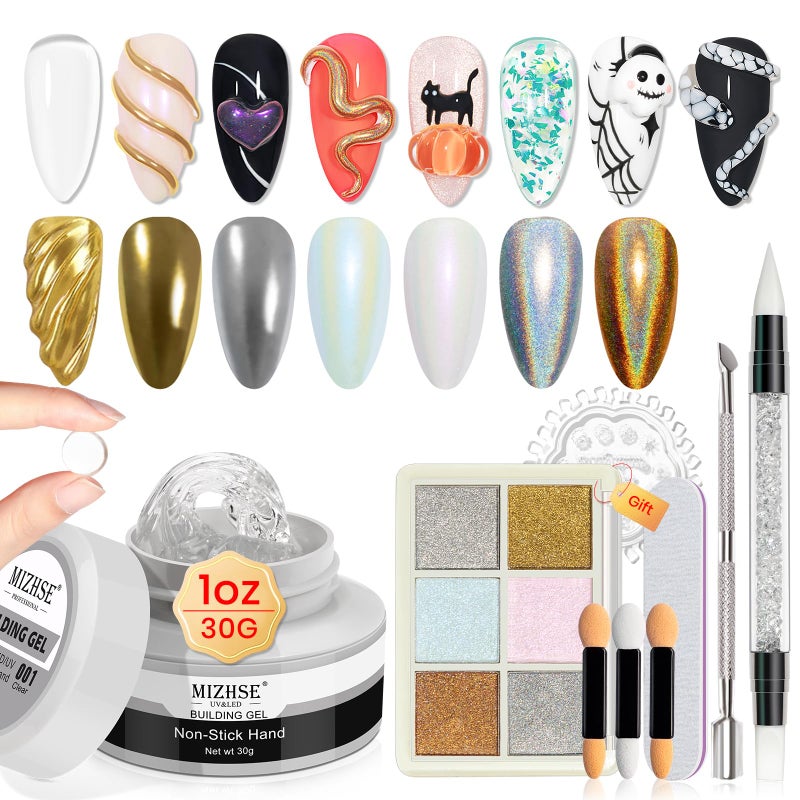 MIZHSE Solid Builder Gel - 1 oz Clear Non Stick Hand Hard Gel with 6 Colors Chrome Nail Powder and Nail Form Extension Kit for Salon and Home DIY - Image 1