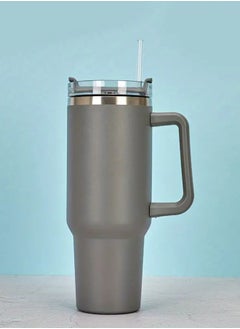 1pc Stainless Steel Thermal Cup, Large Mug Travel Water Bottle With Handle, Vacuum Tumbler With Handle Straw, Portable Car Handy Tumbler Cup With Handle, 40oz, Father's Day Gifts - Grey