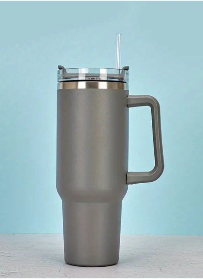 Lukadah - 1pc Stainless Steel Thermal Cup, Large Mug Travel Water Bottle With Handle, Vacuum Tumbler With Handle Straw, Portable Car Handy Tumbler Cup With Handle, 40oz, Father's Day Gifts - Grey - Image 1