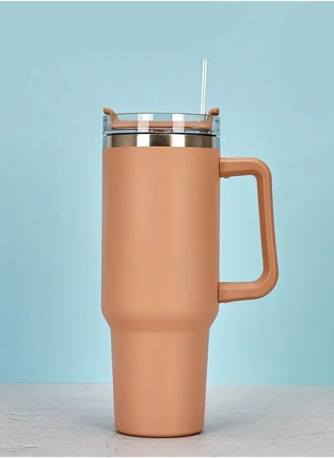 Lukadah - 1pc Stainless Steel Thermal Cup, Large Mug Travel Water Bottle With Handle, Vacuum Tumbler With Handle Straw, Portable Car Handy Tumbler Cup With Handle, 40oz, Father's Day Gifts - Grey - Image 1