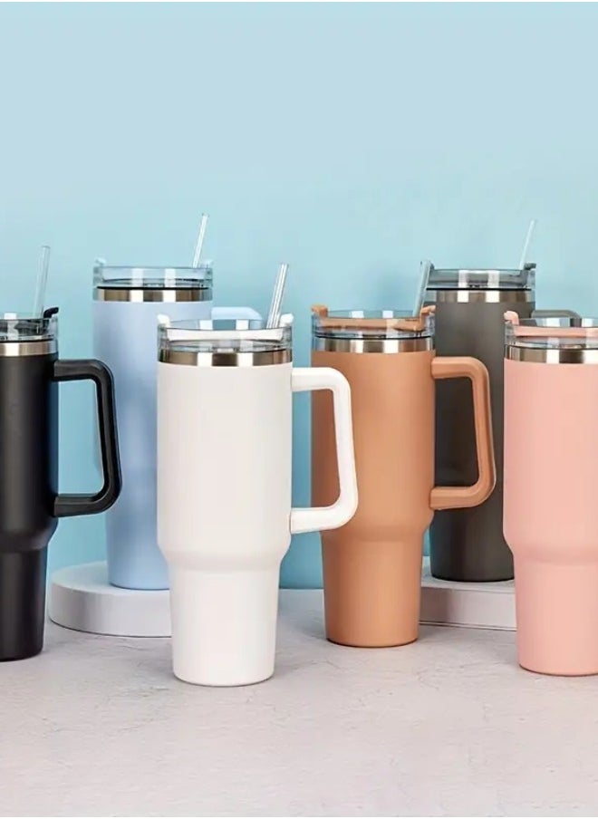 Lukadah - 1pc Stainless Steel Thermal Cup, Large Mug Travel Water Bottle With Handle, Vacuum Tumbler With Handle Straw, Portable Car Handy Tumbler Cup With Handle, 40oz, Father's Day Gifts - Grey - Image 1