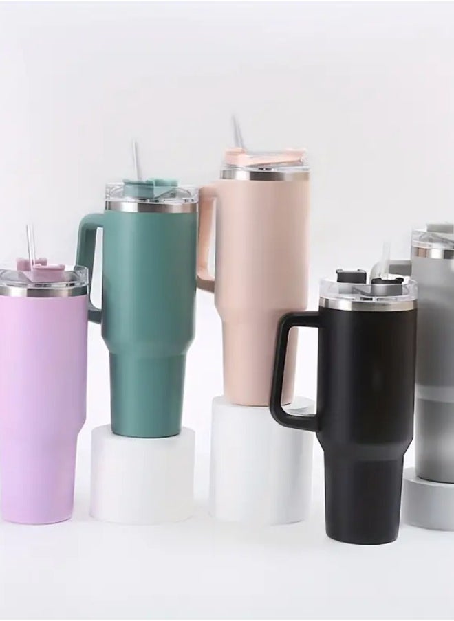 Lukadah - 1pc Stainless Steel Thermal Cup, Large Mug Travel Water Bottle With Handle, Vacuum Tumbler With Handle Straw, Portable Car Handy Tumbler Cup With Handle, 40oz, Father's Day Gifts - Grey - Image 1