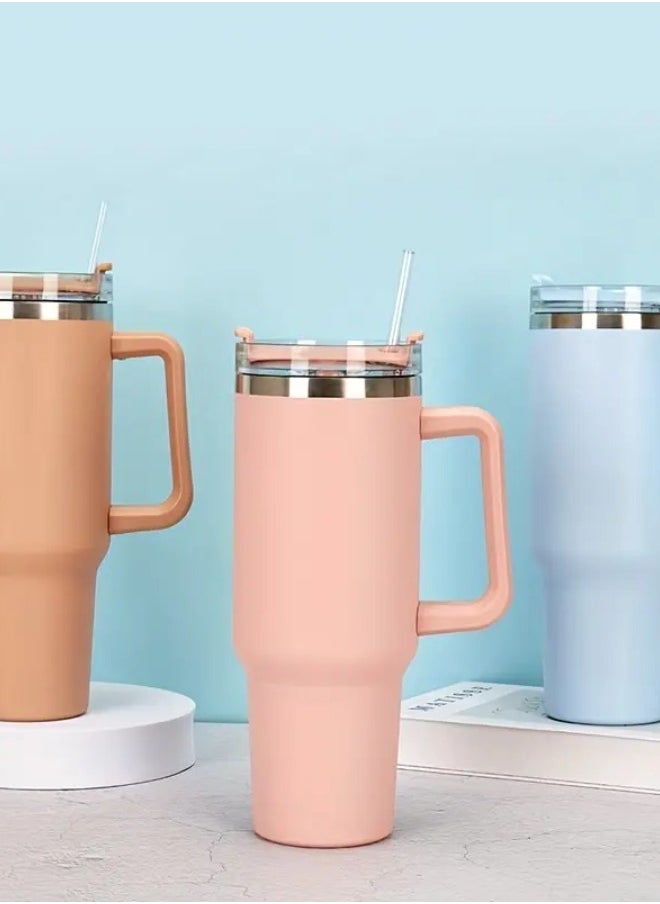 Lukadah - 1pc Stainless Steel Thermal Cup, Large Mug Travel Water Bottle With Handle, Vacuum Tumbler With Handle Straw, Portable Car Handy Tumbler Cup With Handle, 40oz, Father's Day Gifts - Grey - Image 1