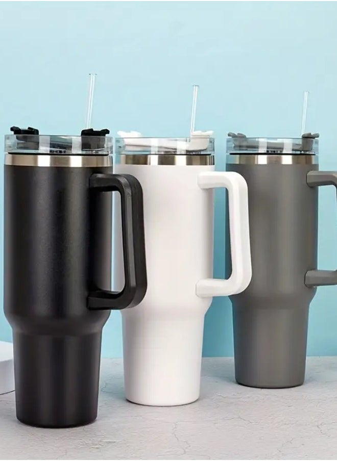 Lukadah - 1pc Stainless Steel Thermal Cup, Large Mug Travel Water Bottle With Handle, Vacuum Tumbler With Handle Straw, Portable Car Handy Tumbler Cup With Handle, 40oz, Father's Day Gifts - Grey - Image 1