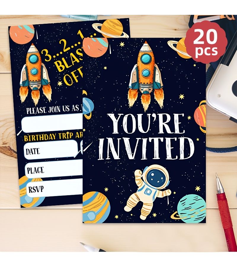 20 Outer Space Birthday Party Invitations for Boys Girls Astronaut Cards - Image 1
