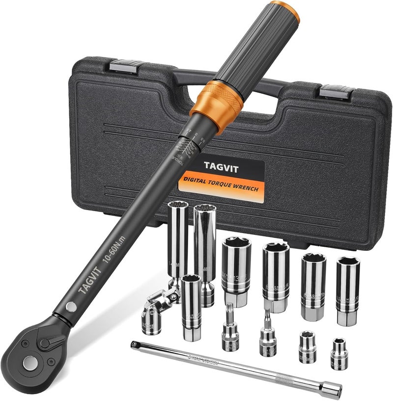 TAGVIT 14 PCS Swivel Magnetic Spark Plug Socket Set with Torque Wrench 3/8 Inch Drive, 10-60 Nm 72 Tooth Click Torque Wrench with Universal Joint, Extension Bar, Bits for Easy Spark Plug Removal - Image 1