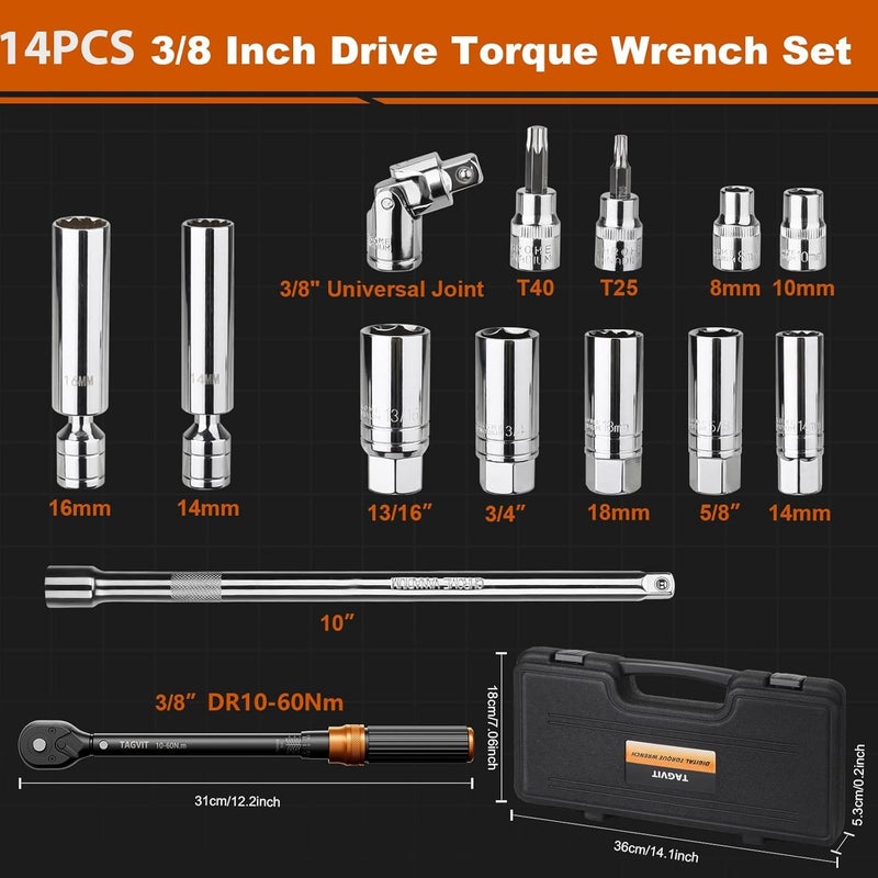 TAGVIT 14 PCS Swivel Magnetic Spark Plug Socket Set with Torque Wrench 3/8 Inch Drive, 10-60 Nm 72 Tooth Click Torque Wrench with Universal Joint, Extension Bar, Bits for Easy Spark Plug Removal - Image 2