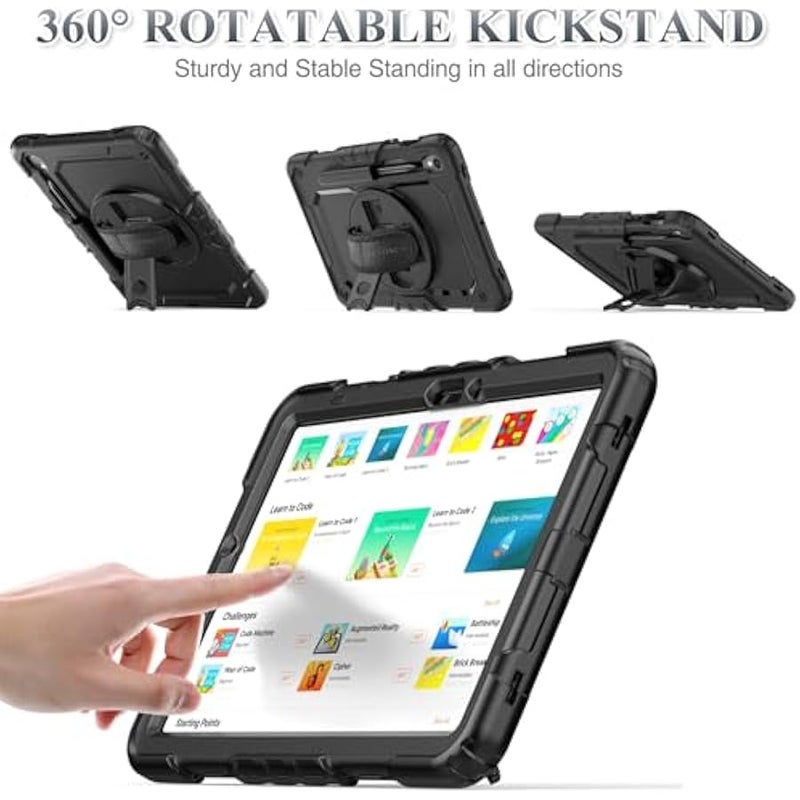 Case for Samsung Galaxy Tab S10 Lite / S10 FE / S9 FE 5G / S9 Tablet Case 10.9''/ 11'' Protective with Screen Protector, Pen Holder, 360 Rotate Stand, Hand Strap, Shoulder Strap, Black - Image 4