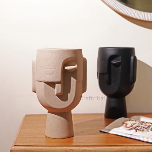 CRAFTRIBAL Abstract Human Face Big Ceramic Vase Combo – Aesthetic Vase for Pampas Grass & Dried Flowers | Minimalist Home & Office Decor | Matte (Rough) Finish, 10 Inches (Black & Beige Combo) - Image 3