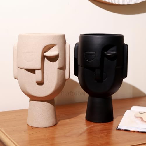 CRAFTRIBAL Abstract Human Face Big Ceramic Vase Combo – Aesthetic Vase for Pampas Grass & Dried Flowers | Minimalist Home & Office Decor | Matte (Rough) Finish, 10 Inches (Black & Beige Combo) - Image 1