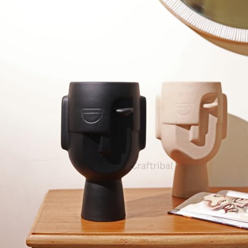 CRAFTRIBAL Abstract Human Face Big Ceramic Vase Combo – Aesthetic Vase for Pampas Grass & Dried Flowers | Minimalist Home & Office Decor | Matte (Rough) Finish, 10 Inches (Black & Beige Combo) - Image 4