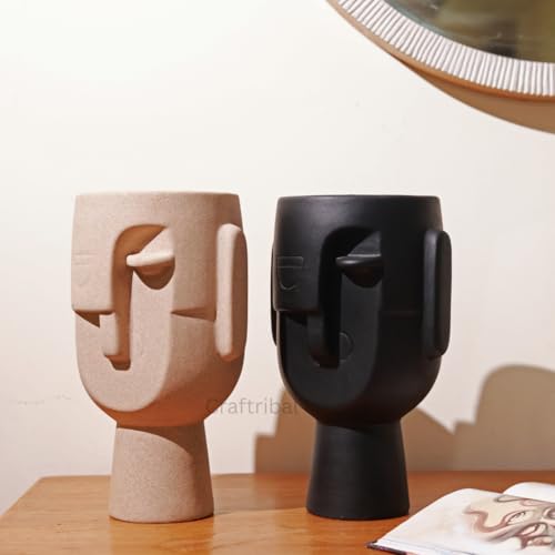 CRAFTRIBAL Abstract Human Face Big Ceramic Vase Combo – Aesthetic Vase for Pampas Grass & Dried Flowers | Minimalist Home & Office Decor | Matte (Rough) Finish, 10 Inches (Black & Beige Combo) - Image 2