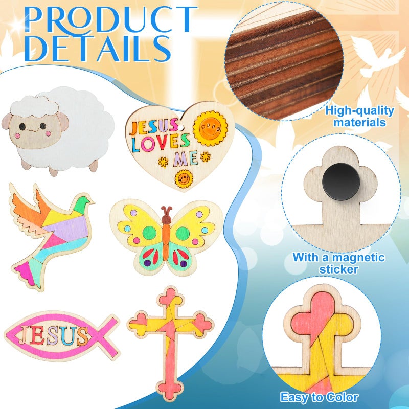 Blueweenly 48 Pack Jesus Wood Religious Craft Kit Magnets Vacation Bible Sunday School DIY Coloring Wooden Religious Crafts for Easter Christian Sunday School Art Party Decoration Gift - Image 3
