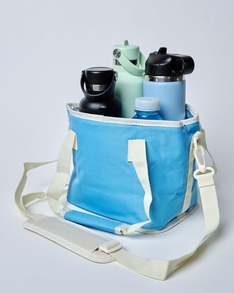 NoNa & Bee 4 Water Bottle Holder with Strap | Family Size 4 Compartment Drink Bag, Multiple Tumbler Carrier Caddy | Adjustable Hands Free, Won't Tip Over in Car (Blue/White) - Image 4