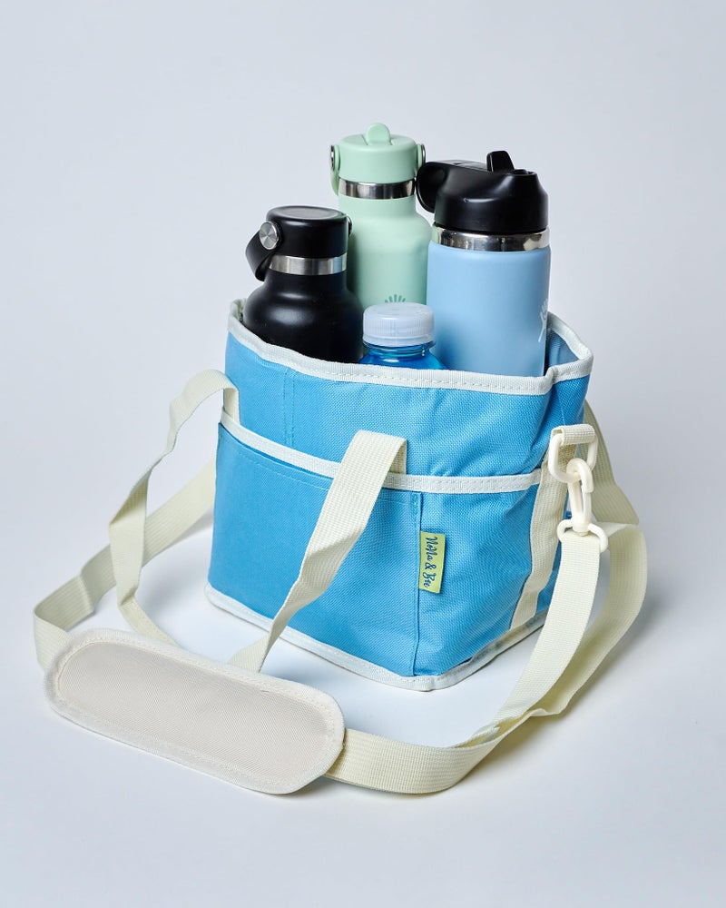 NoNa & Bee 4 Water Bottle Holder with Strap | Family Size 4 Compartment Drink Bag, Multiple Tumbler Carrier Caddy | Adjustable Hands Free, Won't Tip Over in Car (Blue/White) - Image 1