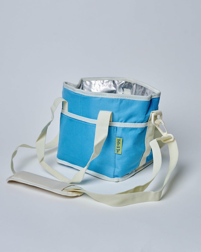 NoNa & Bee 4 Water Bottle Holder with Strap | Family Size 4 Compartment Drink Bag, Multiple Tumbler Carrier Caddy | Adjustable Hands Free, Won't Tip Over in Car (Blue/White) - Image 2