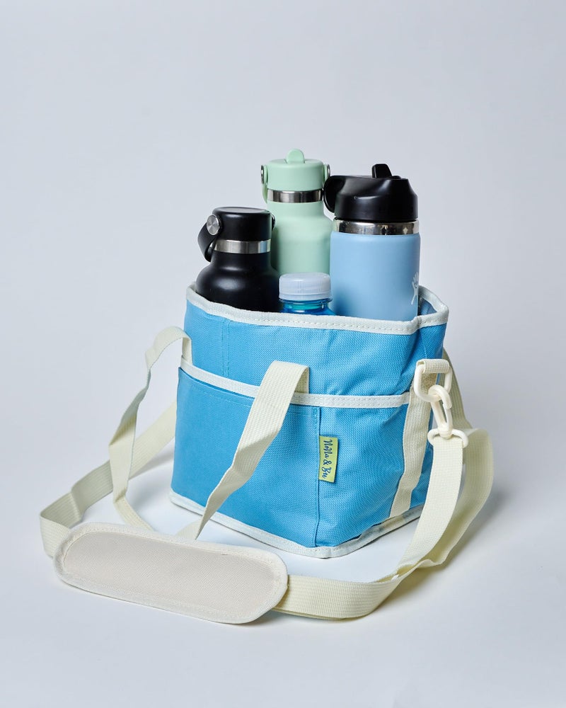 NoNa & Bee 4 Water Bottle Holder with Strap | Family Size 4 Compartment Drink Bag, Multiple Tumbler Carrier Caddy | Adjustable Hands Free, Won't Tip Over in Car (Blue/White) - Image 3