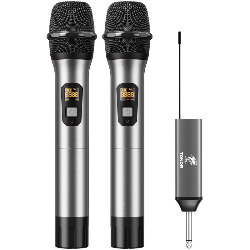 TONOR Wireless Microphones, 60 m/200ft UHF Dual Cordless Metal Dynamic Mic System with Receiver, Microfonos Inalambricos Professional for Karaoke Singing, Wedding, Party, Speech, Church, TW630 Silver - Image 1
