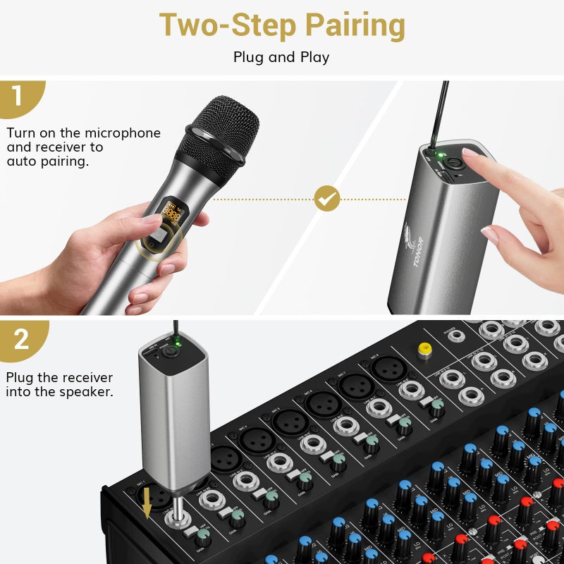 TONOR Wireless Microphones, 60 m/200ft UHF Dual Cordless Metal Dynamic Mic System with Receiver, Microfonos Inalambricos Professional for Karaoke Singing, Wedding, Party, Speech, Church, TW630 Silver - Image 4
