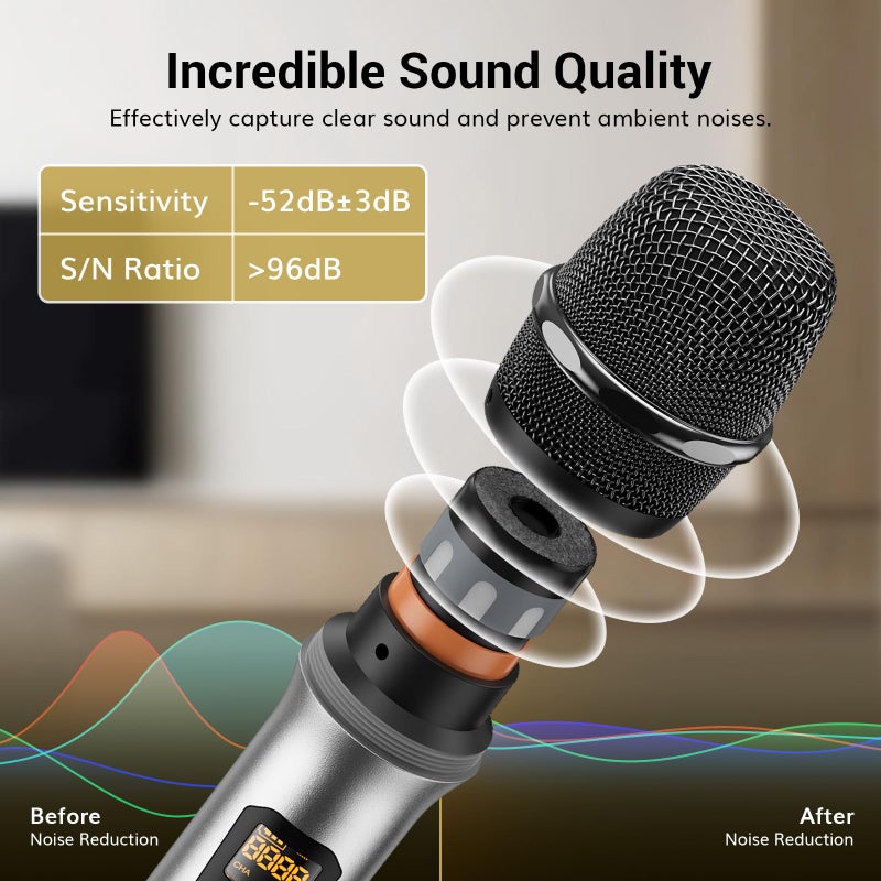 TONOR Wireless Microphones, 60 m/200ft UHF Dual Cordless Metal Dynamic Mic System with Receiver, Microfonos Inalambricos Professional for Karaoke Singing, Wedding, Party, Speech, Church, TW630 Silver - Image 2