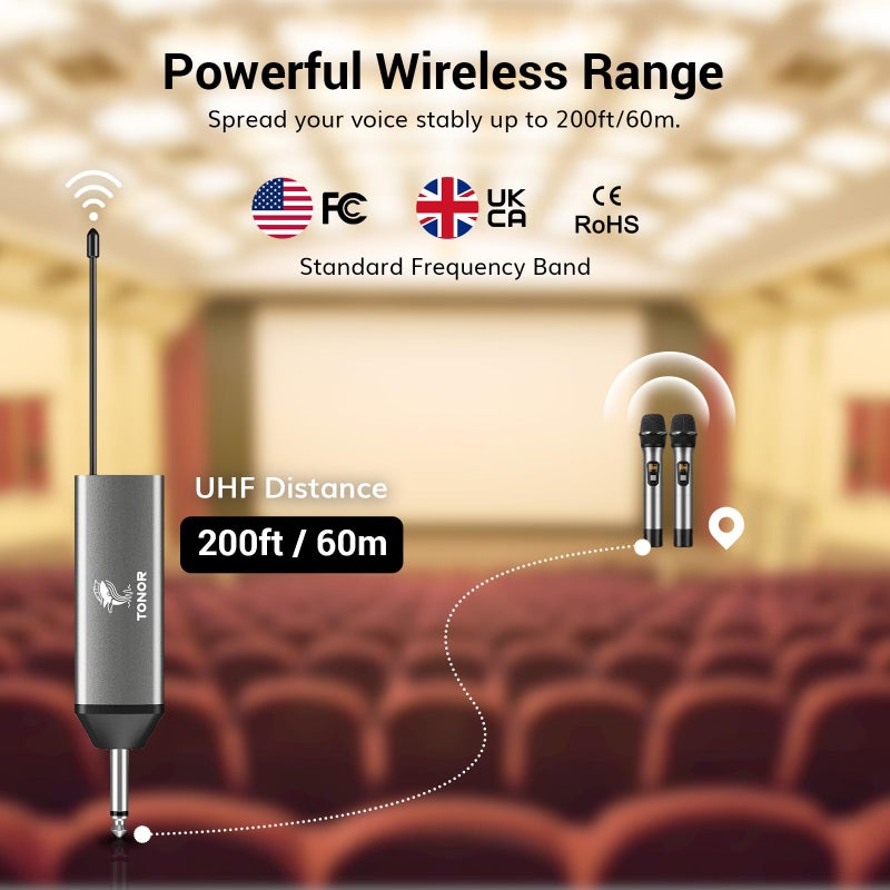 TONOR Wireless Microphones, 60 m/200ft UHF Dual Cordless Metal Dynamic Mic System with Receiver, Microfonos Inalambricos Professional for Karaoke Singing, Wedding, Party, Speech, Church, TW630 Silver - Image 3