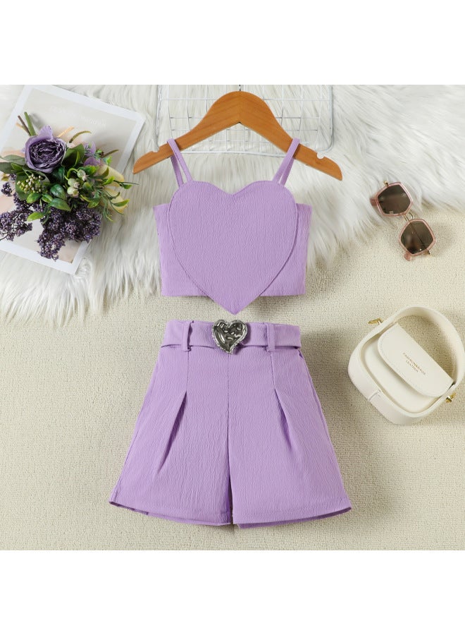مجموعة بنات صيفية بنفسجية، سترة حلقي بقلب بلون واحد مع بناطيل قصيرة