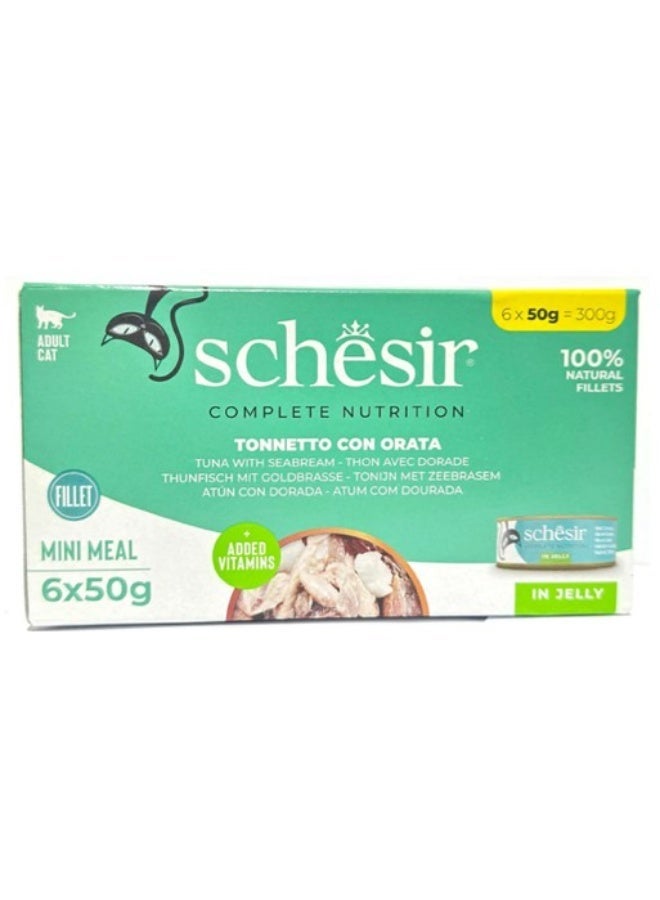 Schesir Complete Nutrition Mini Meal for Adult Cats – Tuna with Seabream in Jelly – 100% Natural Fillets with Added Vitamins – 300 g (6 x 50 g Cans) - Image 2
