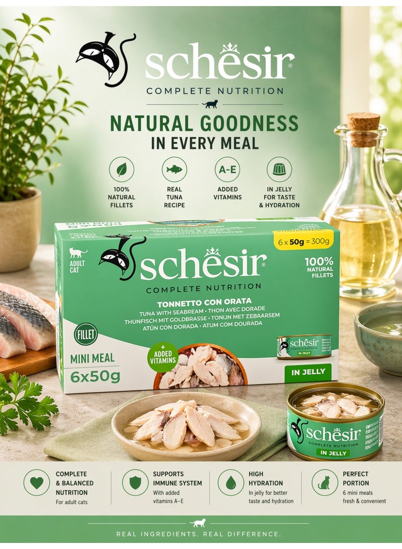 Schesir Complete Nutrition Mini Meal for Adult Cats – Tuna with Seabream in Jelly – 100% Natural Fillets with Added Vitamins – 300 g (6 x 50 g Cans) - Image 1