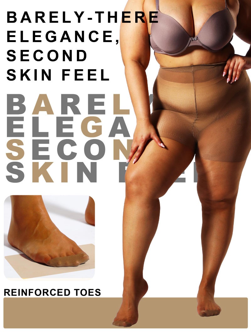 HONENNA 2 Pairs Plus Size Sheer Tights for Women, 17 Colors Ultra Thin Pantyhose Reinforced Toes High Waist Stockings, Black + Tan 2 Pairs 3XL-4XL - Image 4