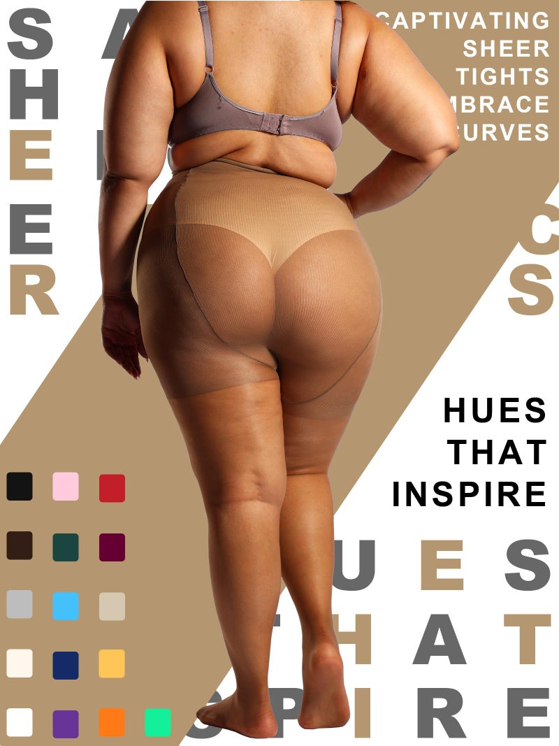 HONENNA 2 Pairs Plus Size Sheer Tights for Women, 17 Colors Ultra Thin Pantyhose Reinforced Toes High Waist Stockings, Black + Tan 2 Pairs 3XL-4XL - Image 3