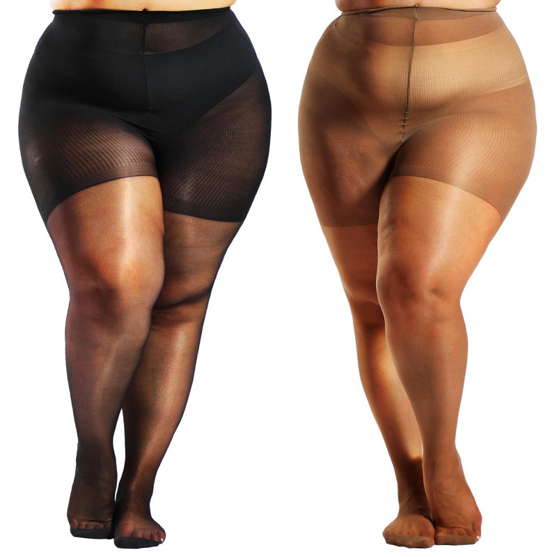 HONENNA 2 Pairs Plus Size Sheer Tights for Women, 17 Colors Ultra Thin Pantyhose Reinforced Toes High Waist Stockings, Black + Tan 2 Pairs 3XL-4XL - Image 1