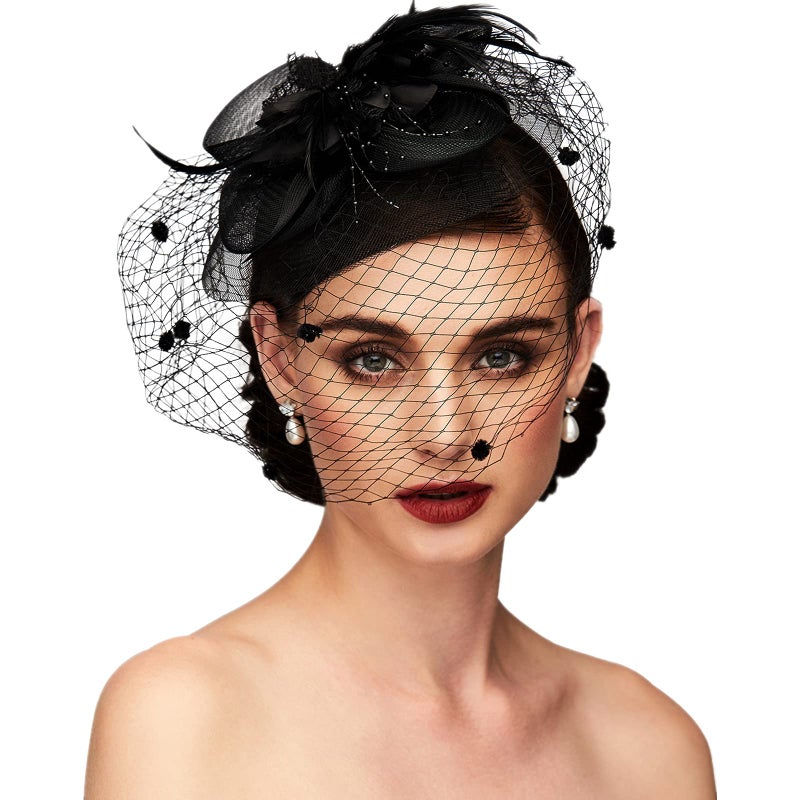 TS Fascinators Hat Tea Party Hat Mesh Floral Feather Hair Clip Girls and Women Fascinator Headband with Veil for Wedding Cocktail Black - Image 1