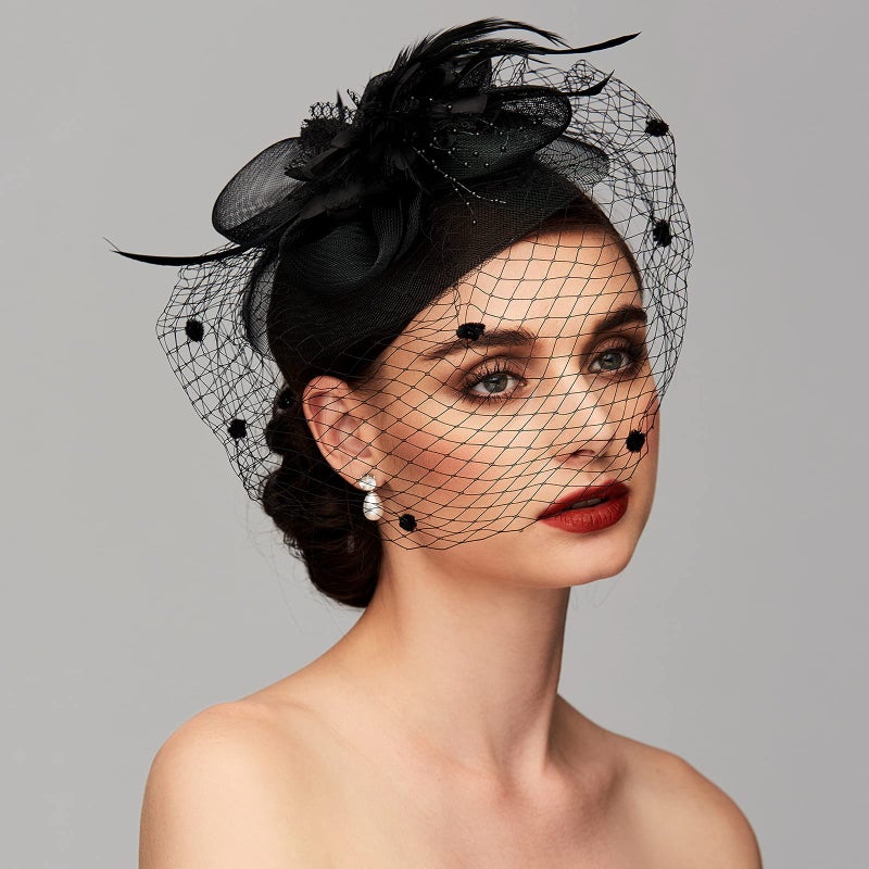 TS Fascinators Hat Tea Party Hat Mesh Floral Feather Hair Clip Girls and Women Fascinator Headband with Veil for Wedding Cocktail Black - Image 2