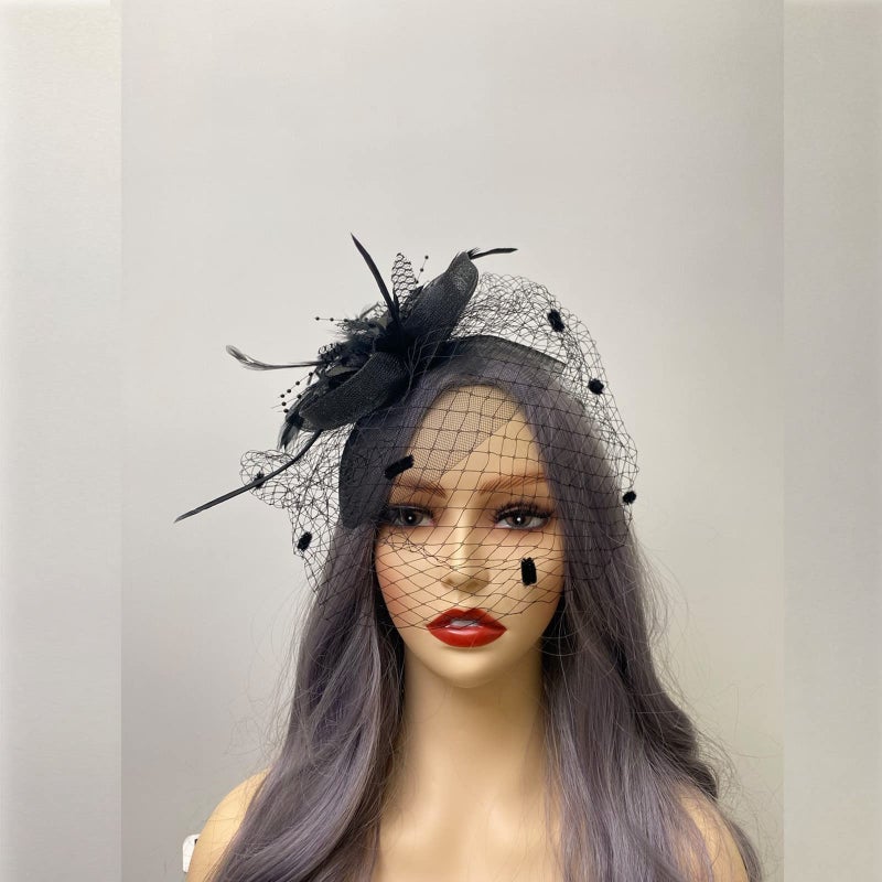 TS Fascinators Hat Tea Party Hat Mesh Floral Feather Hair Clip Girls and Women Fascinator Headband with Veil for Wedding Cocktail Black - Image 4
