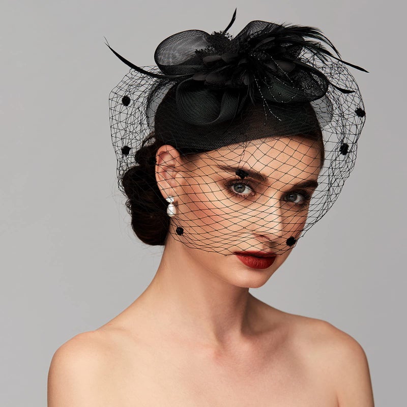 TS Fascinators Hat Tea Party Hat Mesh Floral Feather Hair Clip Girls and Women Fascinator Headband with Veil for Wedding Cocktail Black - Image 3