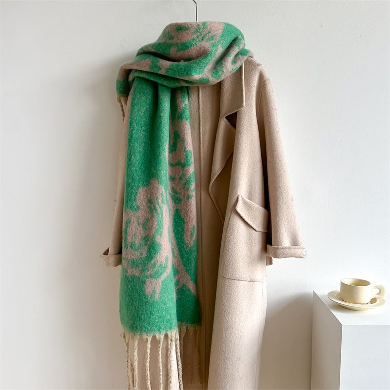 Rose Flower Scarf Solid Color Color Matching Fashion Tassel Extended Neck Scarf Cross-Border Export Autumn and Winter Scarf for Women - Image 4