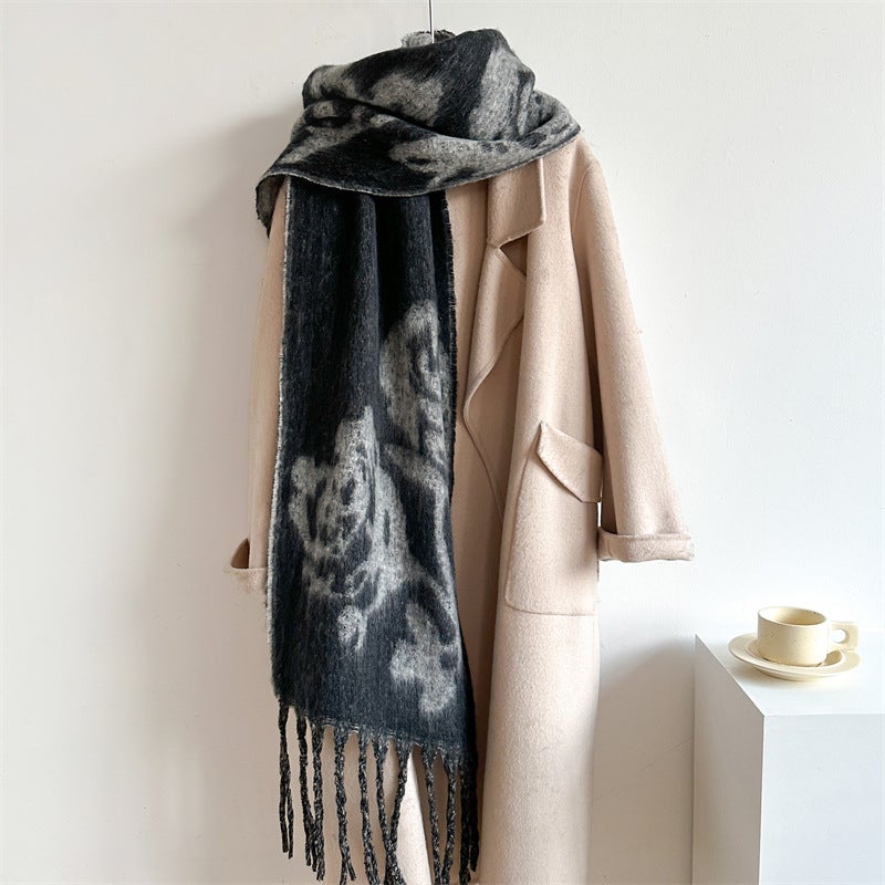 Rose Flower Scarf Solid Color Color Matching Fashion Tassel Extended Neck Scarf Cross-Border Export Autumn and Winter Scarf for Women - Image 5