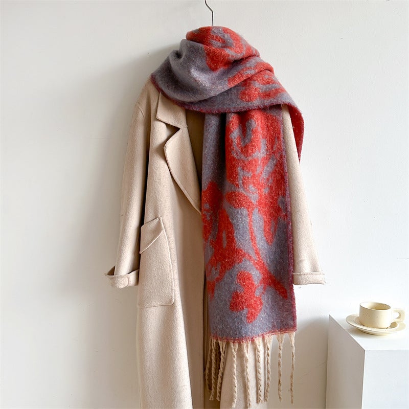 Rose Flower Scarf Solid Color Color Matching Fashion Tassel Extended Neck Scarf Cross-Border Export Autumn and Winter Scarf for Women - Image 3