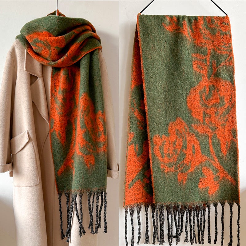 Rose Flower Scarf Solid Color Color Matching Fashion Tassel Extended Neck Scarf Cross-Border Export Autumn and Winter Scarf for Women - Image 2