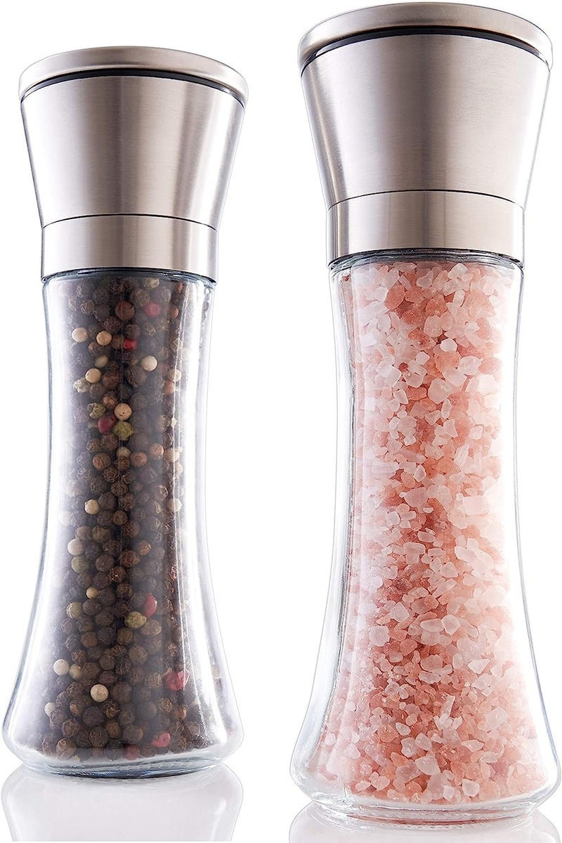 DRAVINA Salt & Pepper Shaker | Premium Glass & Stainless Steel Adjustable Grinder | Refillable Masala Spice Container for Kitchen, Dining, and Cooking | Compact, Durable Design (Tall, Pack of 2) - Image 1