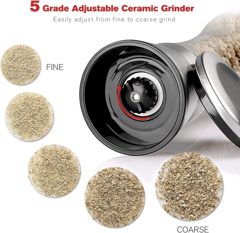 DRAVINA Salt & Pepper Shaker | Premium Glass & Stainless Steel Adjustable Grinder | Refillable Masala Spice Container for Kitchen, Dining, and Cooking | Compact, Durable Design (Tall, Pack of 2) - Image 5