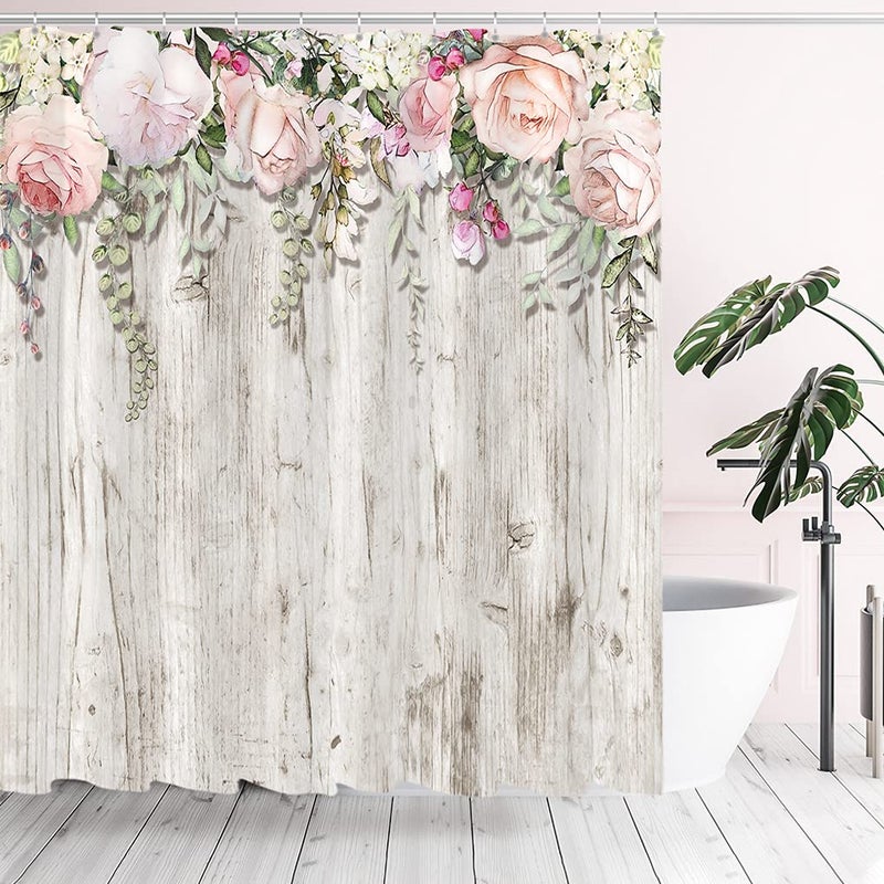 Tititex Pink Roses Flower Shower Curtain Sets Blossoming Floral on Rutic Grey Wood Bathroom Decorative 70 X 70 Inch Polyester Waterproof Fabric Bathroom Curtain with Hooks