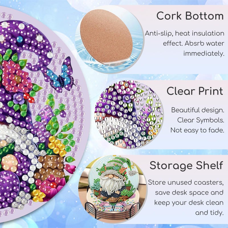 hito 8 PCS Gnome Diamond Art Coasters-Gnomes Diamond Painting Coasters Kits with Holder, DIY Gnome Coasters Kit with Cork Bases for Adults Beginners as Gift Home Decors - Image 3