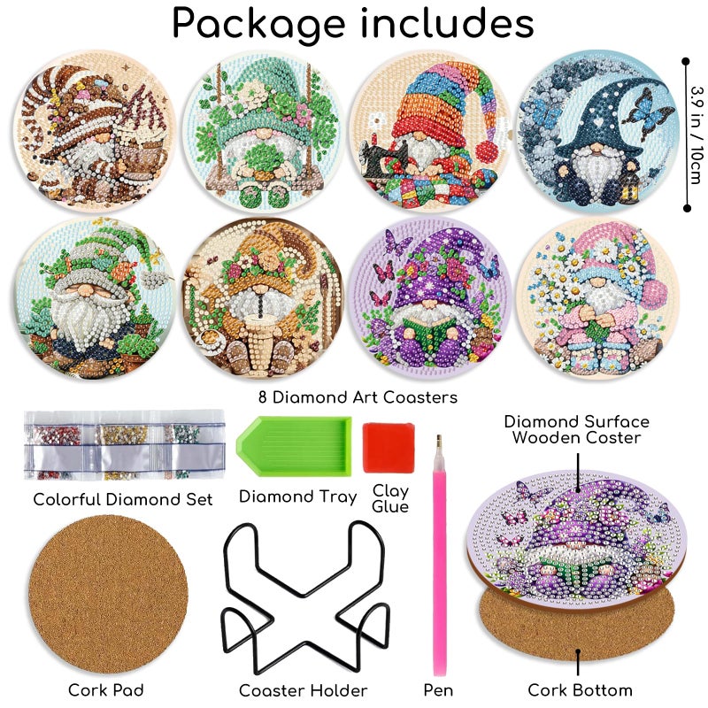 hito 8 PCS Gnome Diamond Art Coasters-Gnomes Diamond Painting Coasters Kits with Holder, DIY Gnome Coasters Kit with Cork Bases for Adults Beginners as Gift Home Decors - Image 2