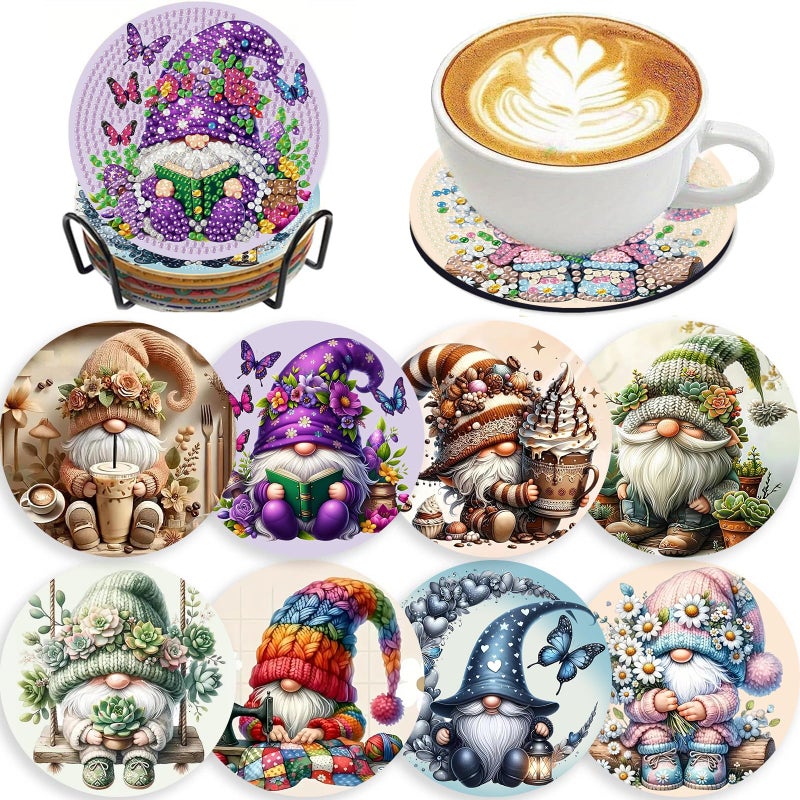 hito 8 PCS Gnome Diamond Art Coasters-Gnomes Diamond Painting Coasters Kits with Holder, DIY Gnome Coasters Kit with Cork Bases for Adults Beginners as Gift Home Decors - Image 1